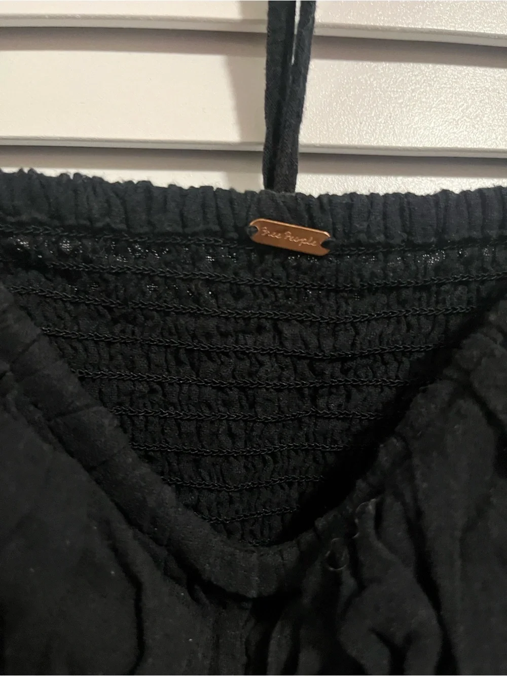 Free People Black Smocked Peasant Blouse with Tie-Back